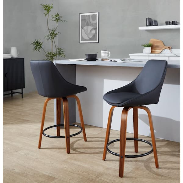 Diana 24.75 in. Black Faux Leather, Walnut Wood, and Black Metal Fixed-Height Counter Stool (Set of 2)