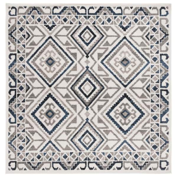 Pyramid 7 ft. x 7 ft. Ivory/Gray Navy Diamond Geometric Border Square Area Rug