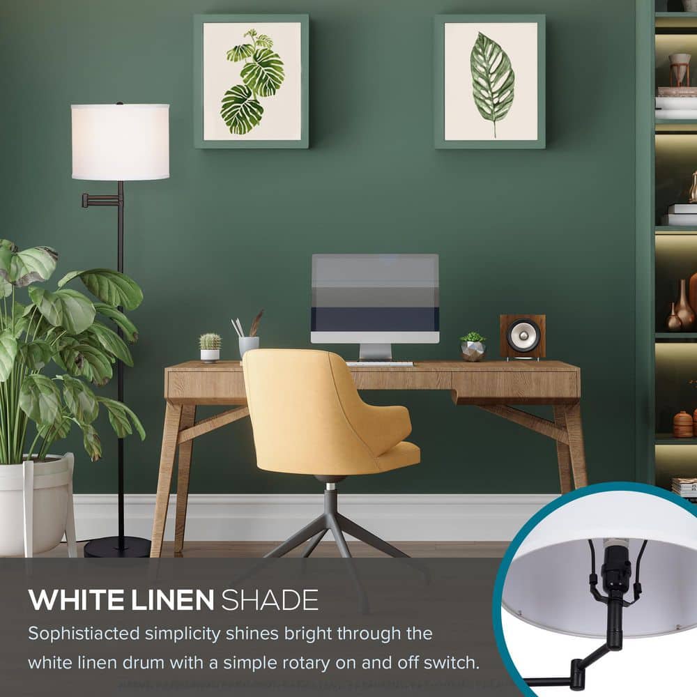 Black Metal Swing Arm Floor Lamp with White Linen Shade