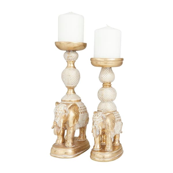 White Polystone Elephant Candle Holder with White Wash Finish (Set of 2)