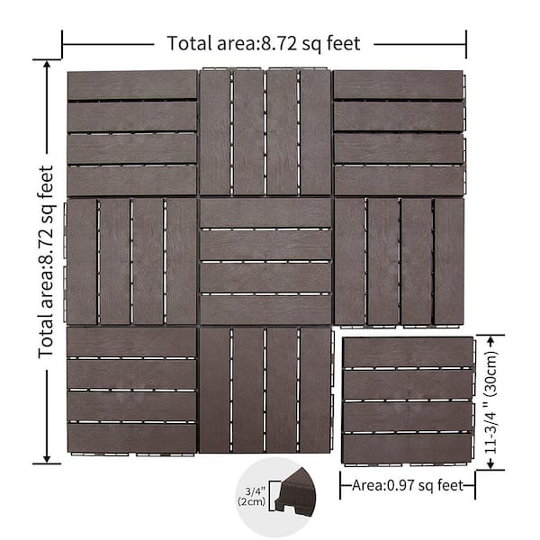 Patio Interlocking Deck Tiles, 12"x12" Square Composite Decking Tiles, Four Slat Plastic Flooring Tile, Brown, Pack of 9