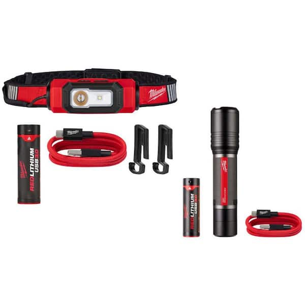 600 Lumens LED REDLITHIUM USB Hard Hat Headlamp and 2,000 Lumen Slide Focus Flashlight (2-Pack)