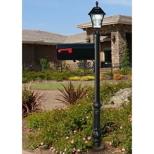 Lewiston Mailbox Collection Post with Economy #1 Mailbox, Ornate Base and Solar Lamp in Black
