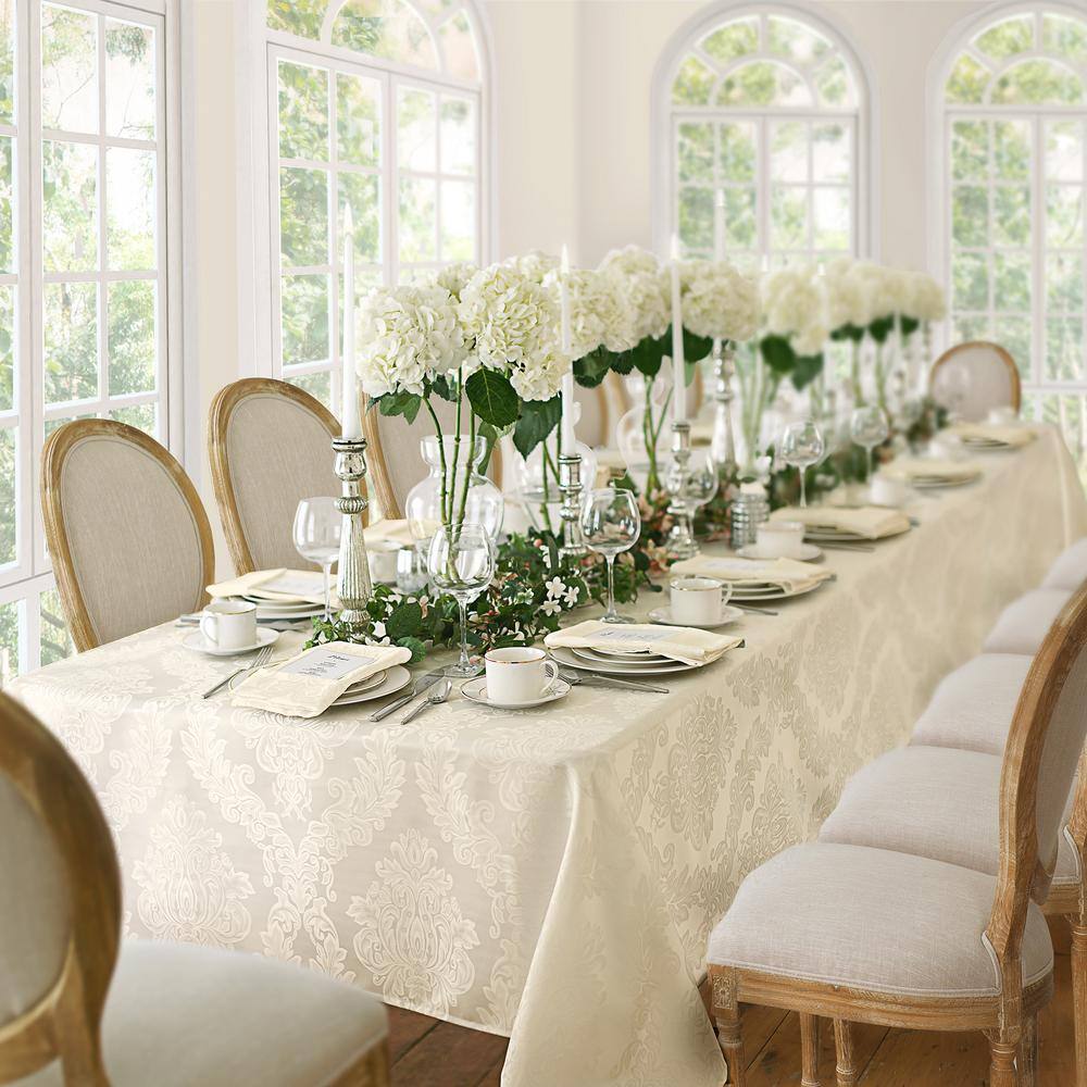 Antique Ivory Damask Fabric Square Tablecloth, 52" x 52"