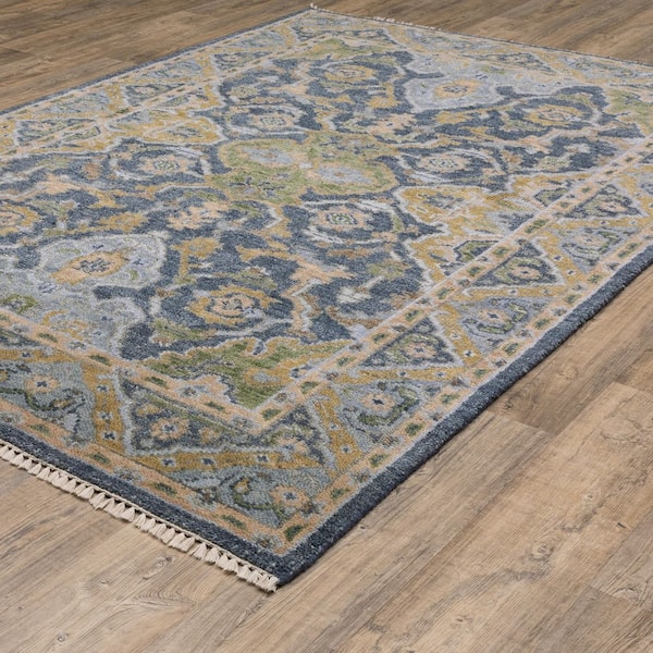 Majestic Blue/Green 9 ft. x 12 ft. Traditional Oriental Floral Hand-Knotted Wool Fringed-Edge Indoor Area Rug