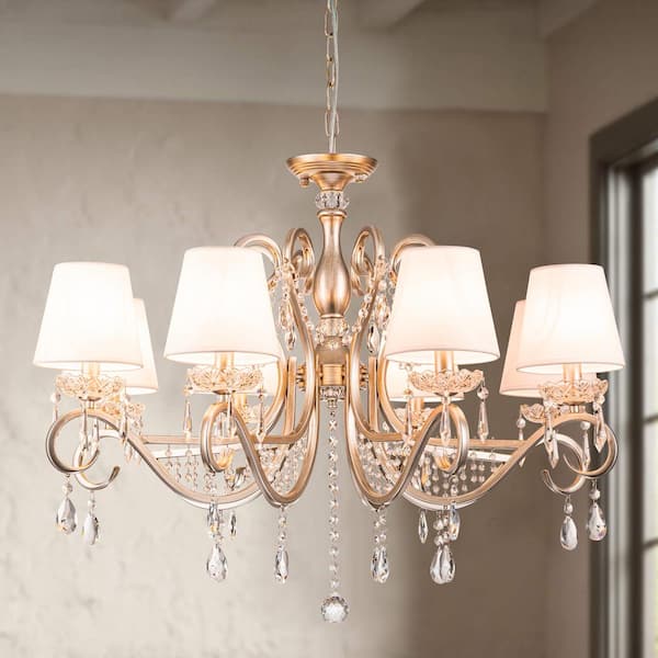 RRTYO Finchley 8-Light Brushed Silver Luxury Crystal Chandelier for Living Room with Fabric Shades
