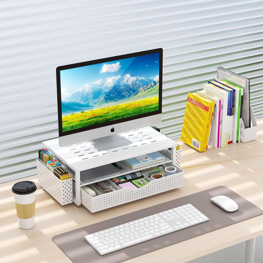 14.1 x 5.9 in. White Alloy Steel Desktop Organizer and with Drawer and 2 Pen Holders, Decorative Stand