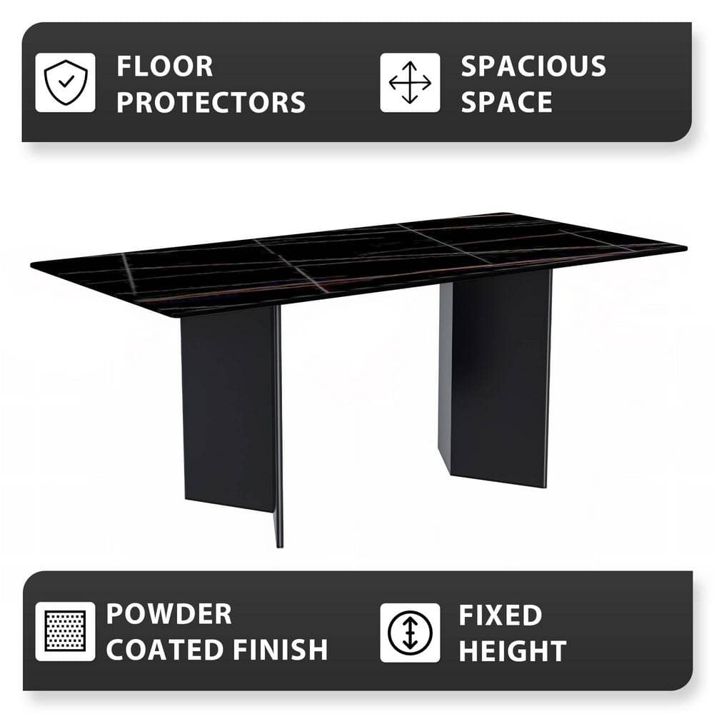 Rectangular Black Glass Dining Table with Stainless Steel Base