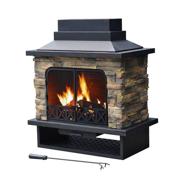 Sunjoy Farmington 42 in. x 24 in. Steel Faux Stone Outdoor Fireplace