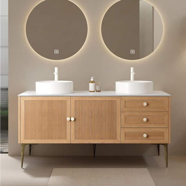 60 in. Pre-Assembled Freestanding Oak Bath Vanity with White Sintered Stone Top and 2-Sinks, 5-Metal Legs, Drawers