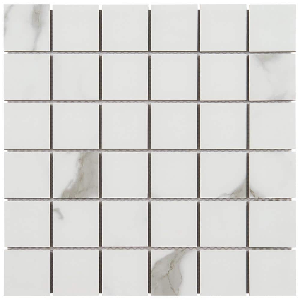 Saroshi Statuario Valley 4 in. x 0.33 in. Matte Porcelain Marble Look Floor and Wall Mosaic Tile Sample price history on PriceWatchPro