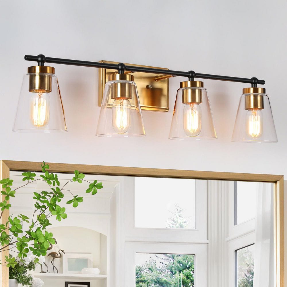 Transitional 29 in. 4-Light Black and Plated Brass Bath Vanity Light with Bell Clear Glass Shades price history on PriceWatchPro