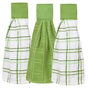 Cactus Green Cotton Solid and Multi-Check Tie Towel Set (3-Pack)