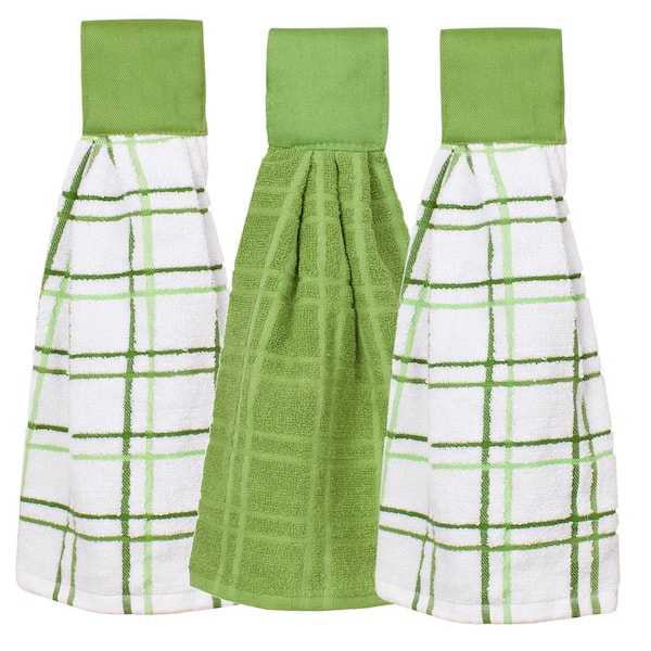 RITZ Cactus Green Cotton Solid and Multi-Check Tie Towel Set (3-Pack)