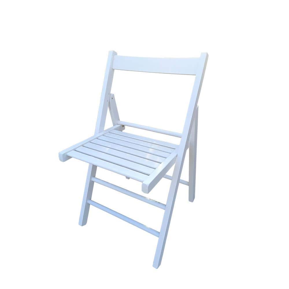 A white folding wood outdoor dining chair from a 3/4 angle.