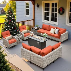 Howell 11-Piece Wicker Outdoor Furniture Patio Fire Pit Conversation Sofa Set with Swivel Chairs and Orange Red Cushions