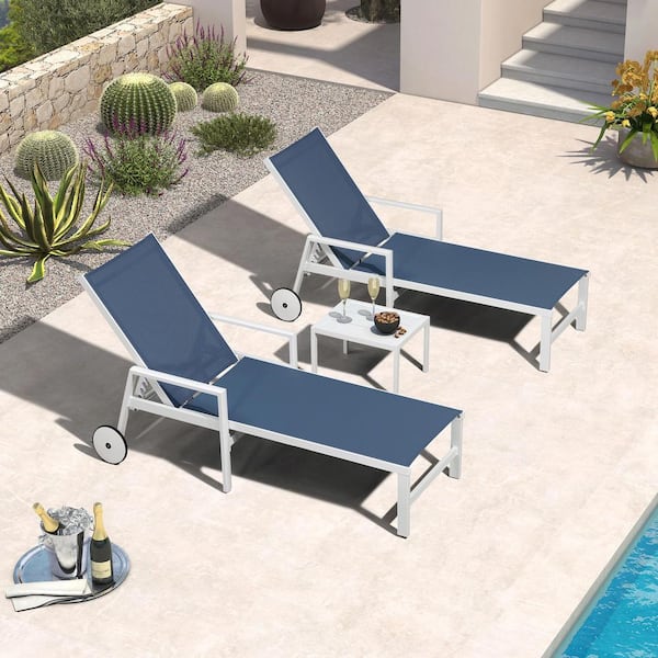 PURPLE LEAF Aluminum White Frame Metal Outdoor Chaise Lounge Chair with Wheels and Armrests Recliner Chair, Indigo