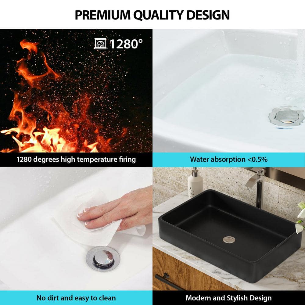 24" Black Ceramic Rectangular Vessel Bathroom Sink