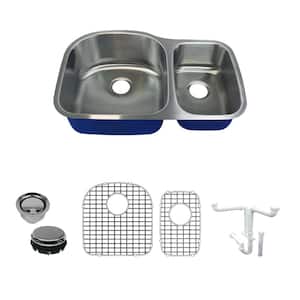Meridian All in.-One Undermount Stainless Steel 31.5 in. 75/25 Double Bowl Kitchen Sink in Brushed Stainless Steel
