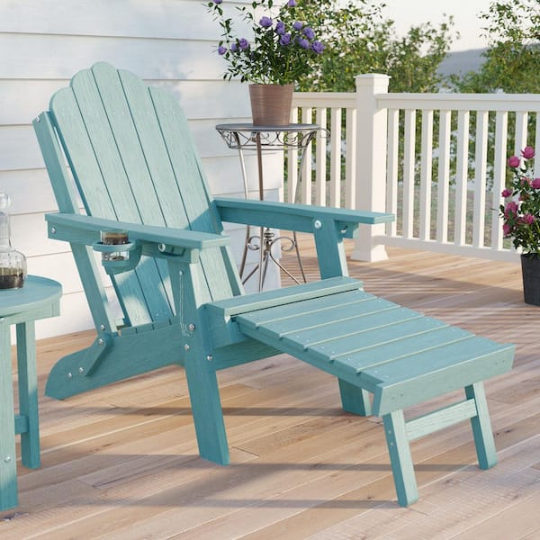 Lake Blue Plastic Folding Ergonomic Adirondack Chair, 3-Position Adjustable with Retractable Ottoman