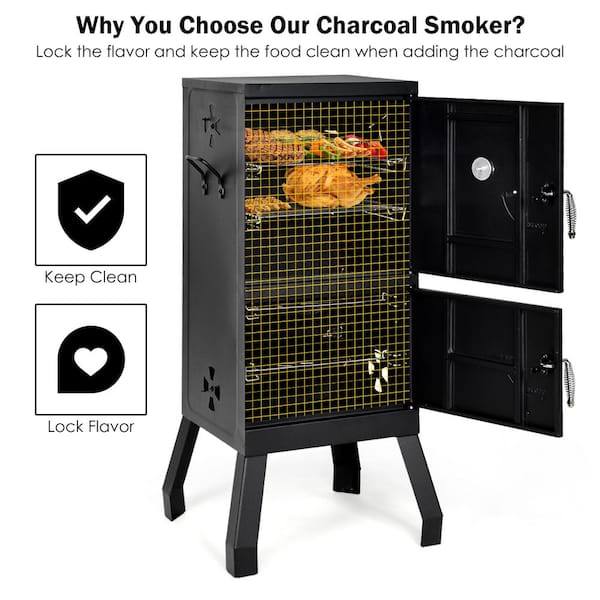 Costway Vertical Charcoal Smoker BBQ Barbecue Grill w/ Temperature Gauge Outdoor Black Costway Vertical Charcoal Smoker BBQ Barbecue Grill w/ Temperature Gauge Outdoor Black