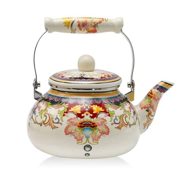2.5L White Floral Ceramic Enamel Tea Kettle for Stovetop, No Whistle, Lead-Free, Non-Toxic, 1 Piece