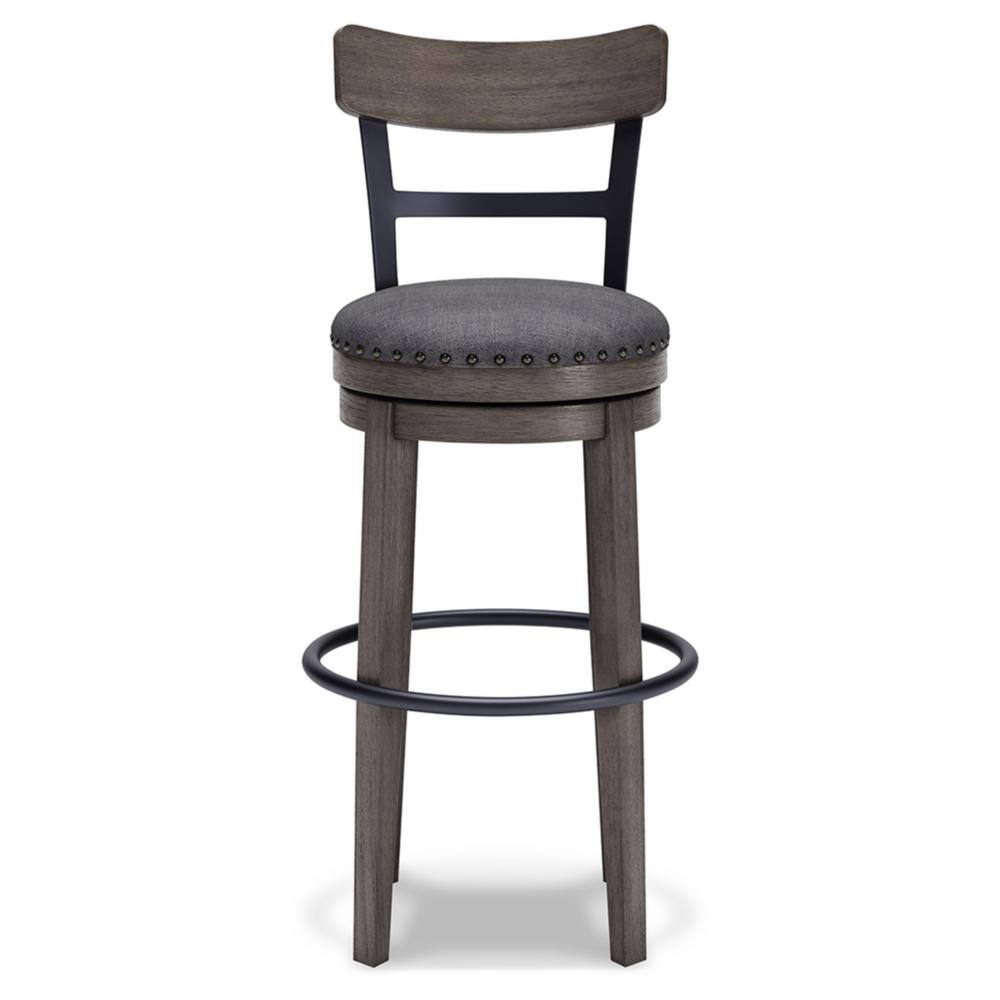 Antiqued Gray Wash Swivel Barstool with Cushioned Seat and Nailhead Trim
