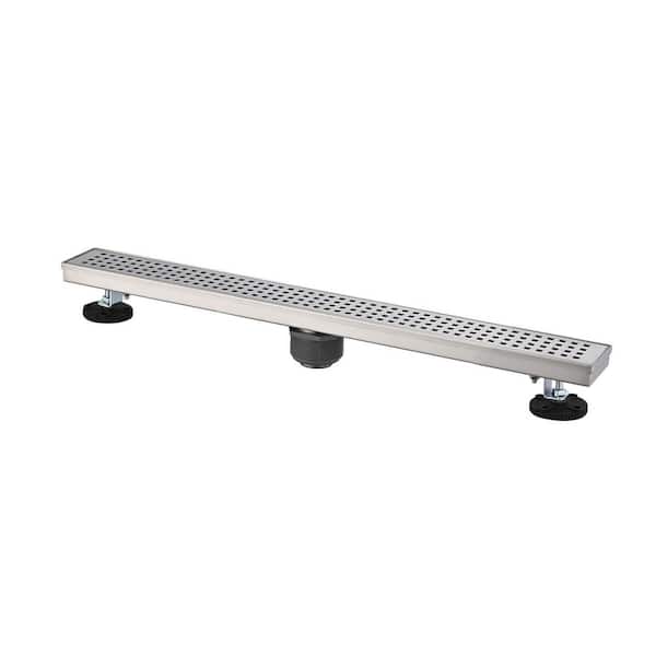 30 in. Stainless Steel Shower Drain with Square Pattern Drain Cover, Hair Strainer and Leveling Feet in Brushed Nickel