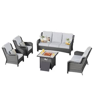 Janus Gray 5-Piece Wicker Patio Fire Pit Conversation Seating Set with Gray Cushions