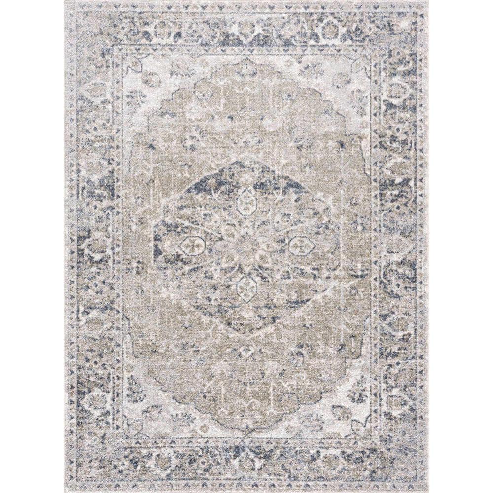 Rudo Gray and Olive Medium Pile Washable Polyester Area Rug