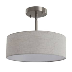 12.6 in. 3-Light Nickel Drum Linen Blend Semi Flush Mount Ceiling Light with White Fabric Shade and No Bulbs Included