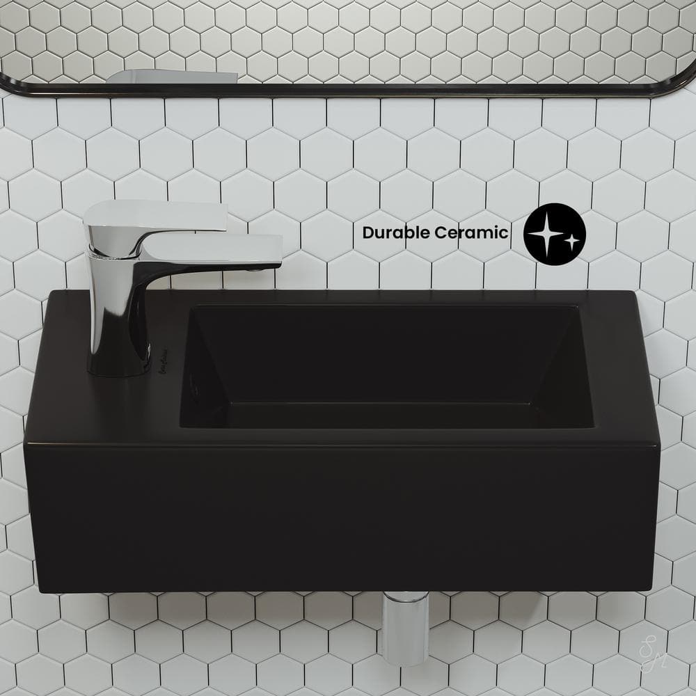 Matte Black Rectangular Ceramic Wall-Mounted Sink with Left Side Faucet