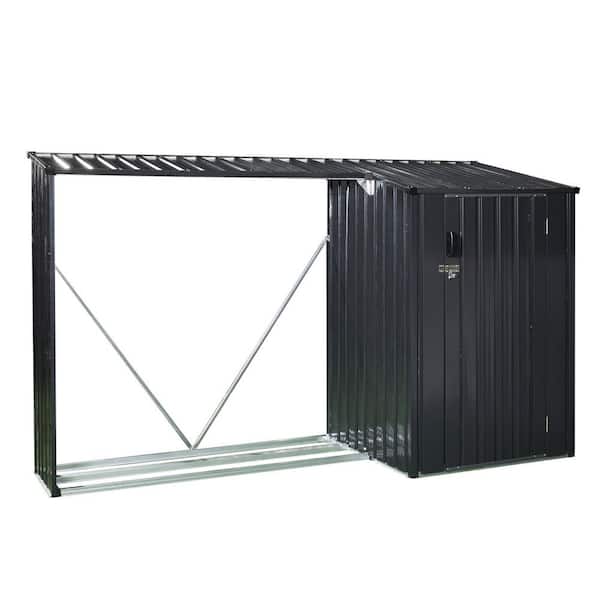 8.6 ft. W x 3.3 ft. D Black Outdoor Steel Firewood Rack and Metal Storage Shed, 2-in-1 (28 sq. ft. )