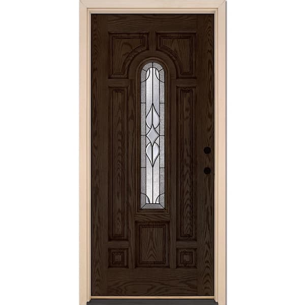 Feather River Doors 37.5 in. x 81.625 in. Stellar Patina Center Arch Stained Walnut Oak Left Hand Inswing Fiberglass Prehung Front Door