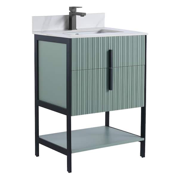 FINE FIXTURES 24 in. W x 18 in. D x 33.5 in. H Mint Green Bath Vanity with White Carrara Sintered Stone Top with Black Hardware