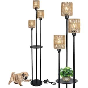 66.1 in. Brown Rattan Industrial 3-Light Standard Floor Lamp with Shelves for Living Room with Rattan Cylinder Shade