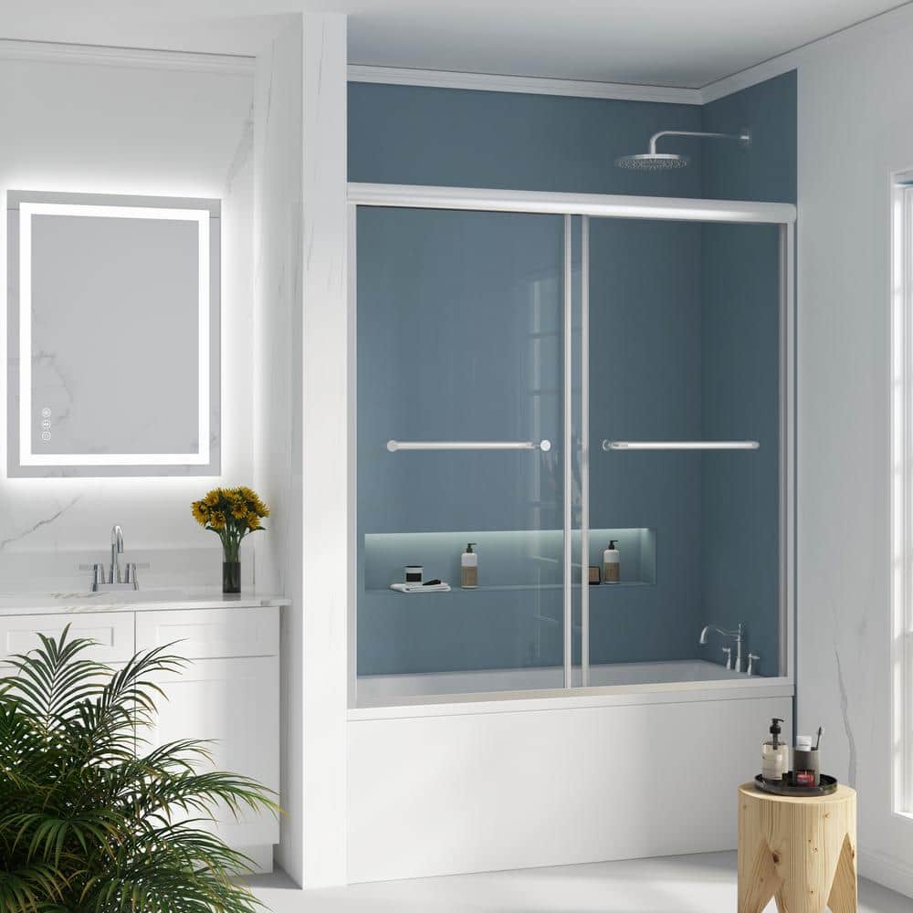 Nickel Framed Double Sliding Tub Door with Clear Tempered Glass