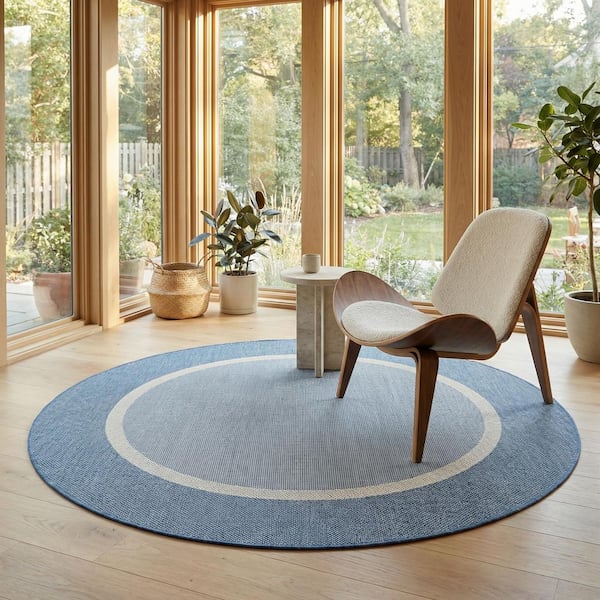 Recife Stria Texture Ivory-Blue 8 ft. x 8 ft. Flatwoven Solid Round Indoor/Outdoor Area Rug