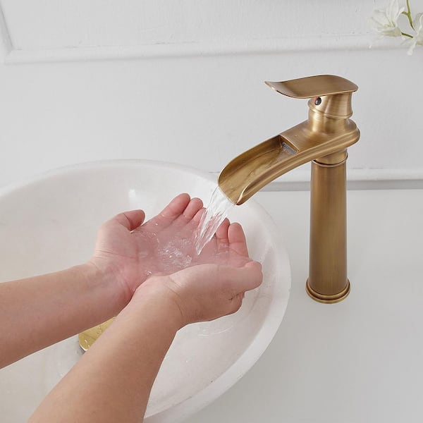 BWE Antique Brass Vessel Sink Faucet – Waterfall Spout, Single Lever, 3-Hole Deck Mount