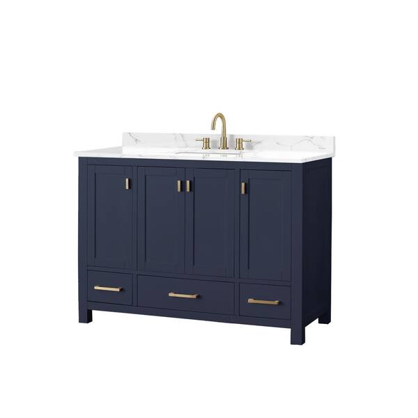 Modero 49 in. Single Sink Navy Blue Bath Vanity with Cala White Engineered Stone Top