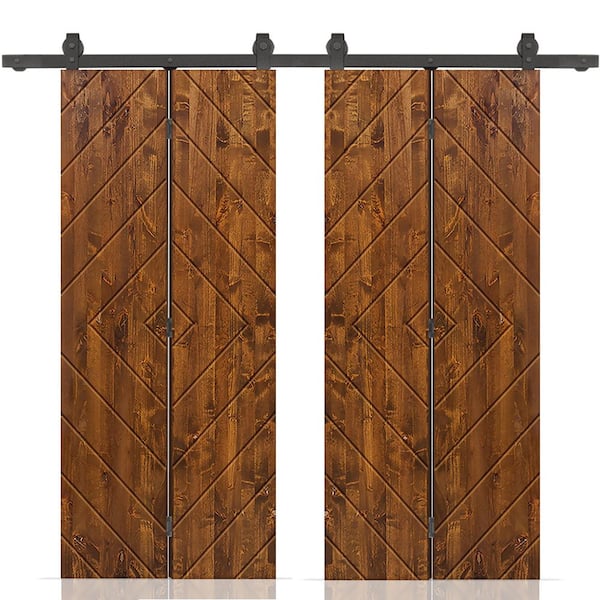 CALHOME Diamond 44 in. x 80 in. Walnut Stained Hollow Core Pine Wood Double Bi-Fold Door with Sliding Hardware Kit