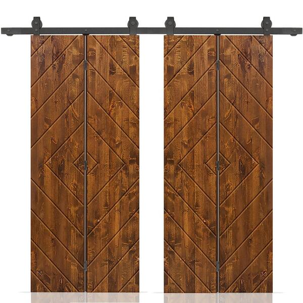 CALHOME Diamond 68 in. x 84 in. Walnut Stained Hollow Core Pine Wood Double Bi-Fold Door with Sliding Hardware Kit