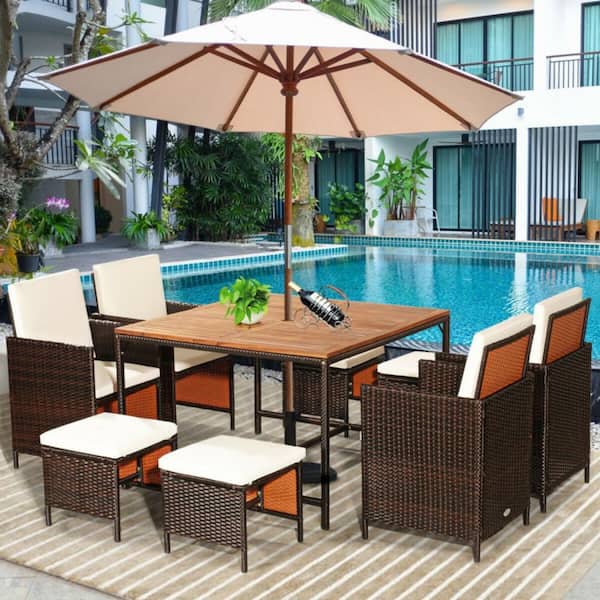 9-Piece Wicker Outdoor Dining Set Patio Rattan Chairs Set with White Cushions and Acacia Wood Tabletop
