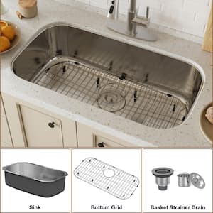 32 in. Undermount Single Bowl 18-Gauge Brushed Stainless Steel Kitchen Sink with Bottom Grids and Strainer Basket