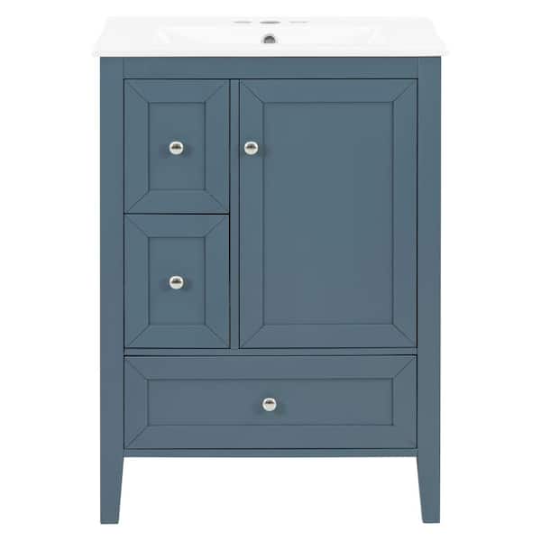 Modern 18 in. Blue Bath Vanity with White Ceramic Sink Top,Solid Wood Legs,Drawers & Door, Storage Rack