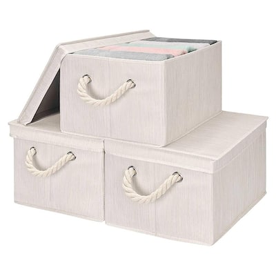 27 Qt. Leather Fabric Storage Bin with Lid in White (3-pack)