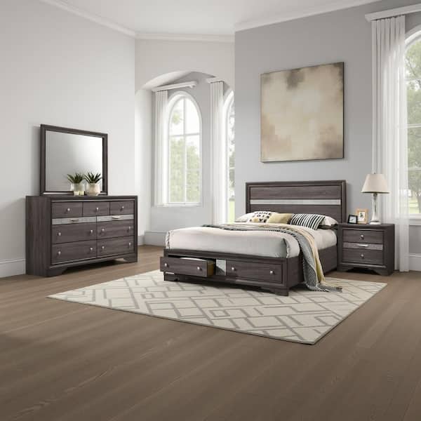 Isy 4-Piece Contemporary Gray Wood Queen Size Bedroom Set with Silver Accent Knobs