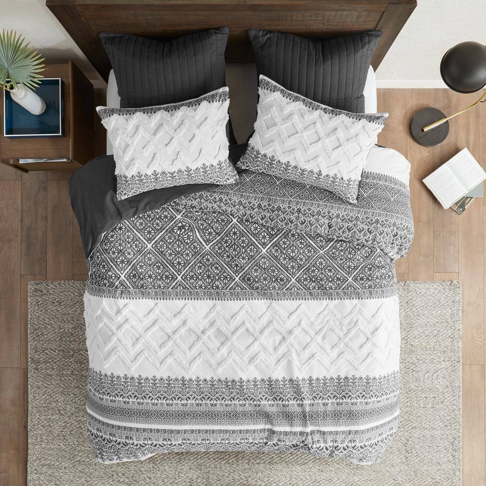 Mila Gray Cotton King Duvet Cover Set with Chenille Tufting