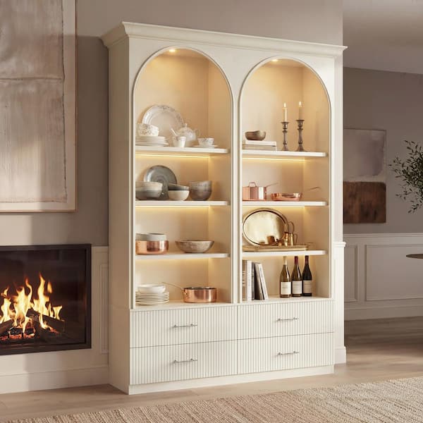 92.5 in. Tall White Wood 8-Shelf Accent Bookcase with Accent Storage Cabinet, Display Cabinet, GarageCabinet