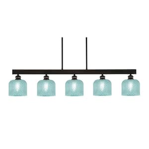 Albany 60-Watt 5-Light Espresso Linear Pendant Light with Turquoise Textured Glass Shades and No Bulbs Included